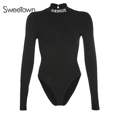 Black Long Sleeve Back Hollow Sexy Letter Print Turtleneck Bodysuit