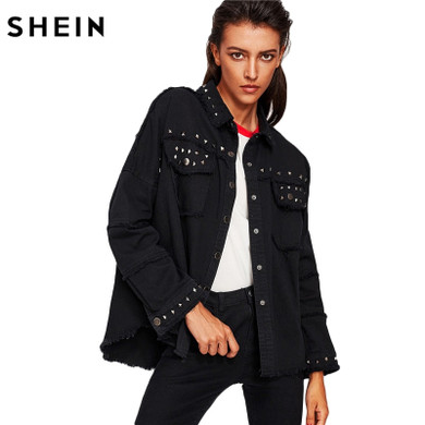 Studded Frayed Hem Denim Jacket