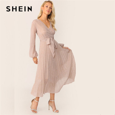 Surplice Neck Belted Pleated Glitter V neck Wrap A Line Wrap Dresses