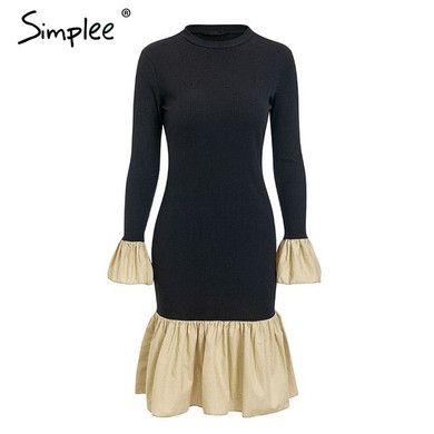 Turtleneck knitted Flare sleeve patchwork ruffled Midi Dresses