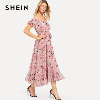 Off Shoulder Floral Ruffle Hem Belted Boho Bohemian Dress