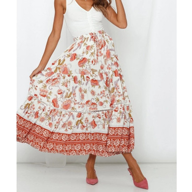Casual Floral Print Lace Up Maxi Boho Bohemian Skirts