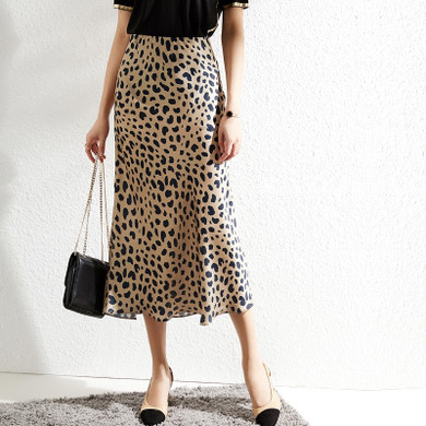 leopard fake silk satin vintage elastic high waist Boho Bohemian Skirts