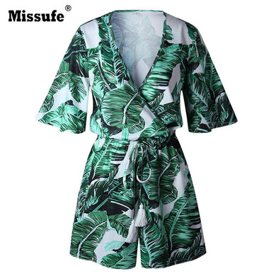 Deep V Neck Green Leaves Print Boho Bohemian Rompers