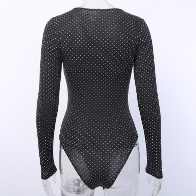Polka Dot V Neck Cotton Stretchy Sexy Long Sleeve Slim Bodysuit
