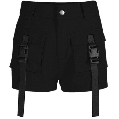 Black High Waist Ribbon Buckle Punk Style Shorts