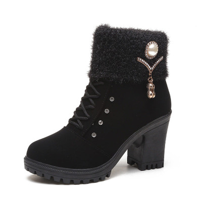 Women's plush lining warn lace-up ankle boots fashion rhinestone block heel booties