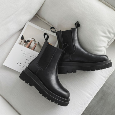 Women England Style Leather Stitching Chunky Platform Black Chelsea Boots