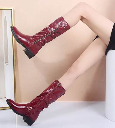 Women's low heel mid calf riding boots plush lining retro zipper slouch boots