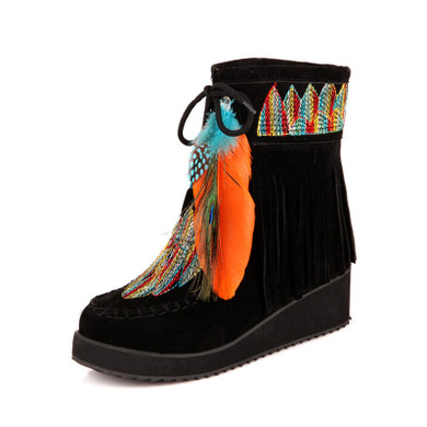 Women's vintage ethnic feather fringe wedge boots embroidery boho short boots