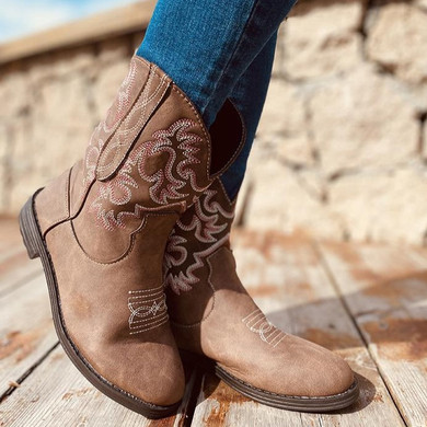 Women's mid claf cowboy boots floral embroidered short western cowgirl boots