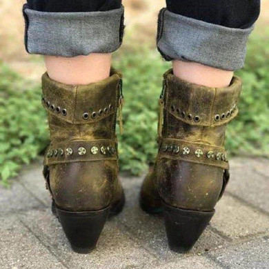 Women's studded  chunky block heel ankle boots retro short zipper boots