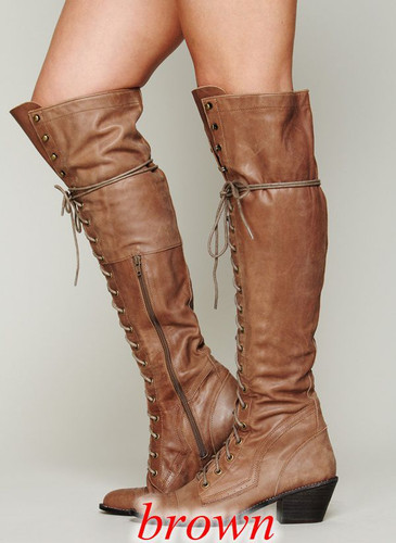 Women Chunky Heel Studded Lace Up Over The Knee Boots