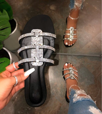 Women Three Strap Rhinestone Sparkling Slide Sandals