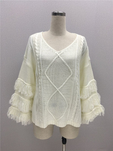 Women Pure Color Tassel Knit Sweater