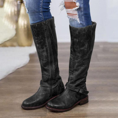 Square Heel Back Zipper PU Buckle Strap Women Boots