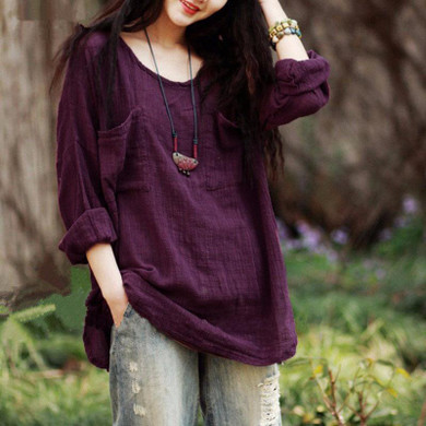 Plus Size Pure Color Cotton Tops