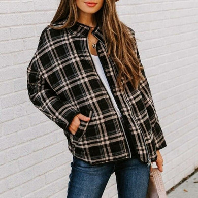 Women Casual Autumn Winter Jacket Fashion Lattice Print Long Sleeve