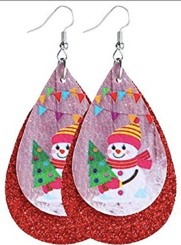 Snowman With Tree and Red Glitter Earrings