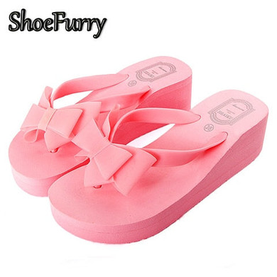 ShoeFurry Women Summer Slippers Platform Flip Flops Female Non-slip Bath Slippers High Heels Wedge Sandals Bowknot Beach Shoes