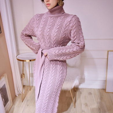 Lace Waist Twist High Collar Knit Bottoming Sweater Dress