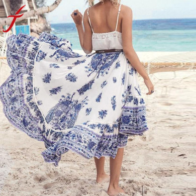 Boho Tribal Floral Printed Chiffon Beach Wear Maxi Skirt