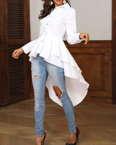 Solid Turn-down Collar Casual Top