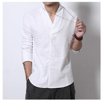 FAVOCENT Men Linen Shirts Long Sleeve Chinese Style Mandarin Collar