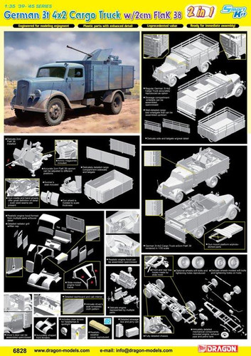 Dragon 1/35 German 3t 4x2 Truck w/2cm Flak 38 Gun (2 in 1) Kit