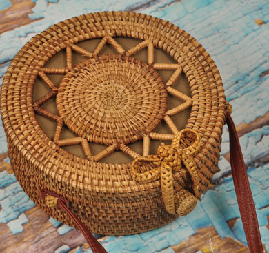 Handmade Round Rattan Handbag with Star Pattern