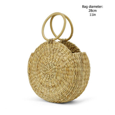 Round Straw Handbag with Wooden Handles