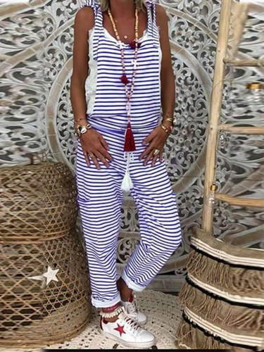 Casual striped plus-size pockets long jumpsuits