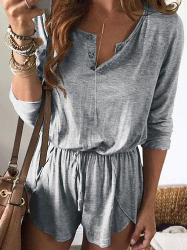 Women casual round neck button short sleeve jumpsuits