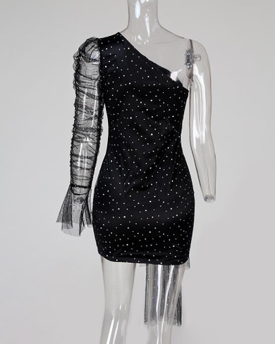 Glitter One Shoulder Sheer Mesh Ruched Party Dress