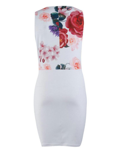 Deep V-Neck Floral Print Sleeveless Bodycon Dress
