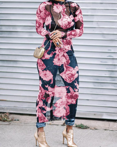 Floral See Through Bodycon Midi Dress