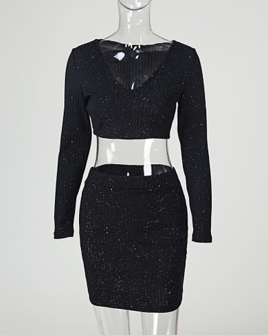 Glitter Off Shoulder Crop Top & Skirt Sets
