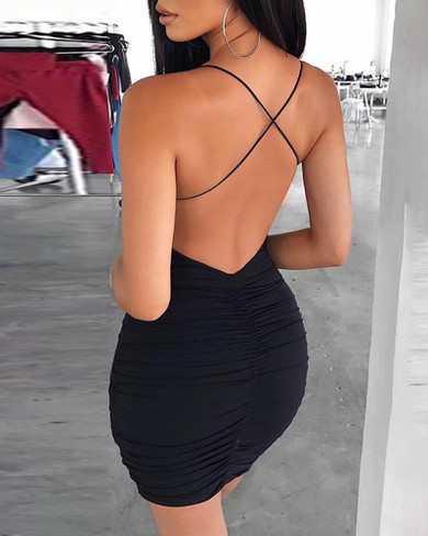 Solid Ruched Open Back Bodycon Dress