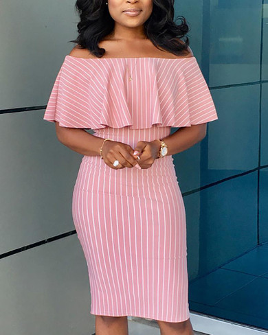 Off Shoulder Stripe Print Ruffles Dress