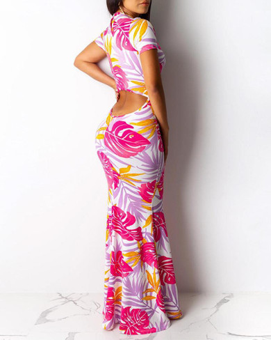 Floral Print Round Neck Maxi Ruffle Maxi Dress