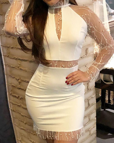 Beaded Sheer Mesh Insert Bodycon Dress