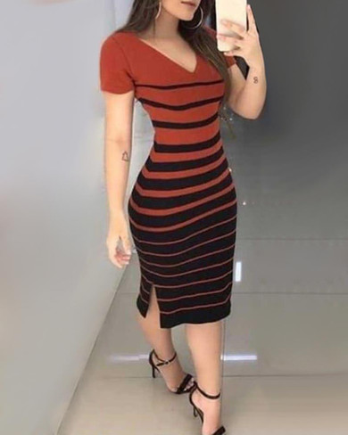 Colorblock Design Striped Side Slit Bodycon Dress