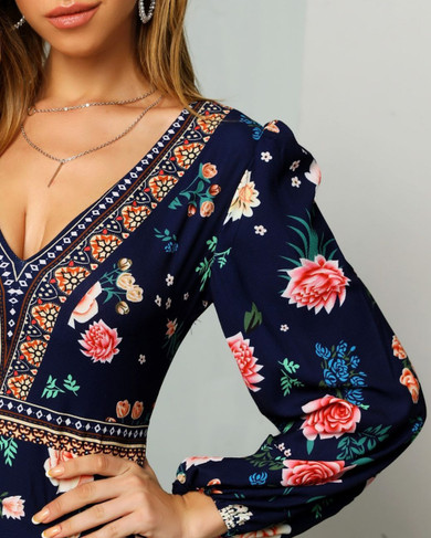 Bishop Sleeve Floral Print Cutout Back Dress Bishop Sleeve Floral Print Cutout Back Dress
