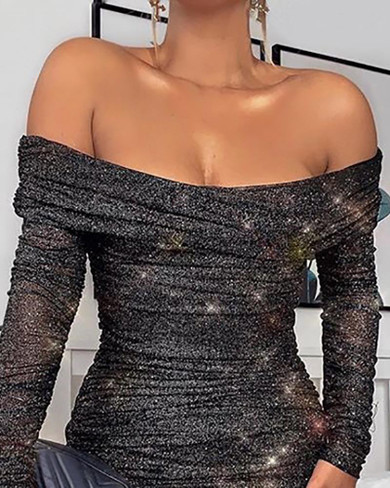 Off Shoulder Ruched Glitter Bodycon Dress Off Shoulder Ruched Glitter Bodycon Dress