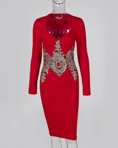 Crochet Lace Insert Long Sleeve Bodycon Dress