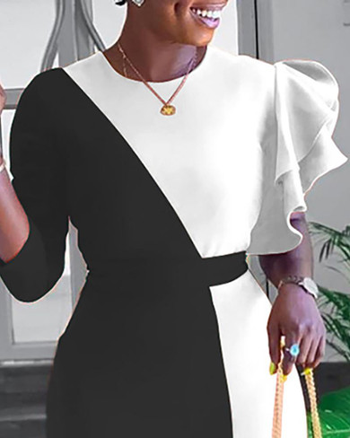 Colorblock Insert Ruffles Irregular Sleeve Bodycon Dress