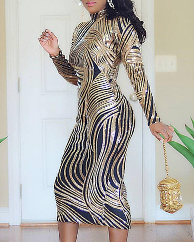 Mock Neck Sequins Striped Slit Back Bodycon Dress