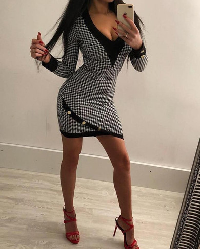 Houndstooth Contrast Binding Bodycon Dress