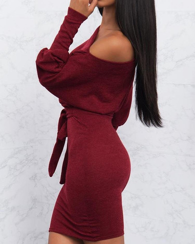 Skew Neck Puffed Sleeve Belted Bodycon Dress