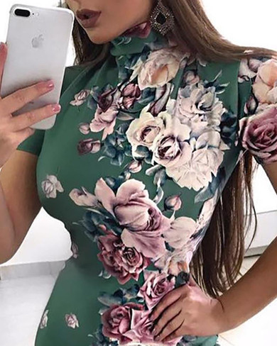 Short Sleeve Floral Print Bodycon Dress